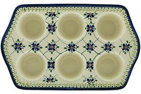 Polish Pottery Muffin Pan 14-inch Gingham Trellis N2