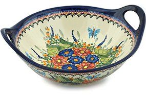 Polish Pottery Bowl with Handles 12-inch Spring Splendor UNIKAT N4