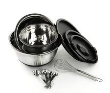 Stainless Steel German Mixing Bowl Set with Air Tight Silicone Lids, Whisk and Measuring Spoons N2