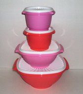 Tupperware Servalier Bowls Set of 4 Nesting Serving Bowls Spring Guava Pink N3