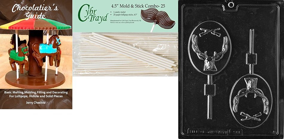 Cybrtrayd 'Deer Hunter Lolly' Sports Chocolate Candy Mold with 25 4.5-Inch Lollipop Sticks and Chocolatier's Guide