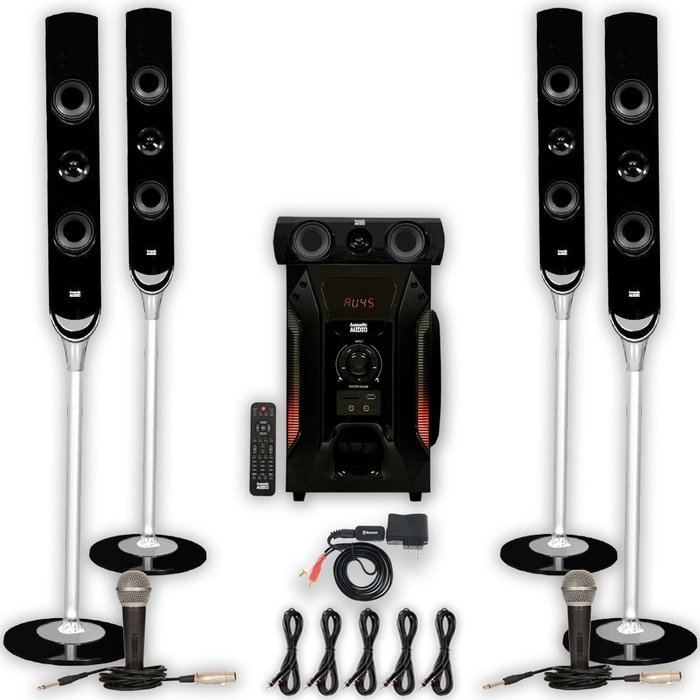 Acoustic Audio AAT1000 Tower 5.1 Speaker System with Bluetooth 2 Mics and 5 Extension Cables N2