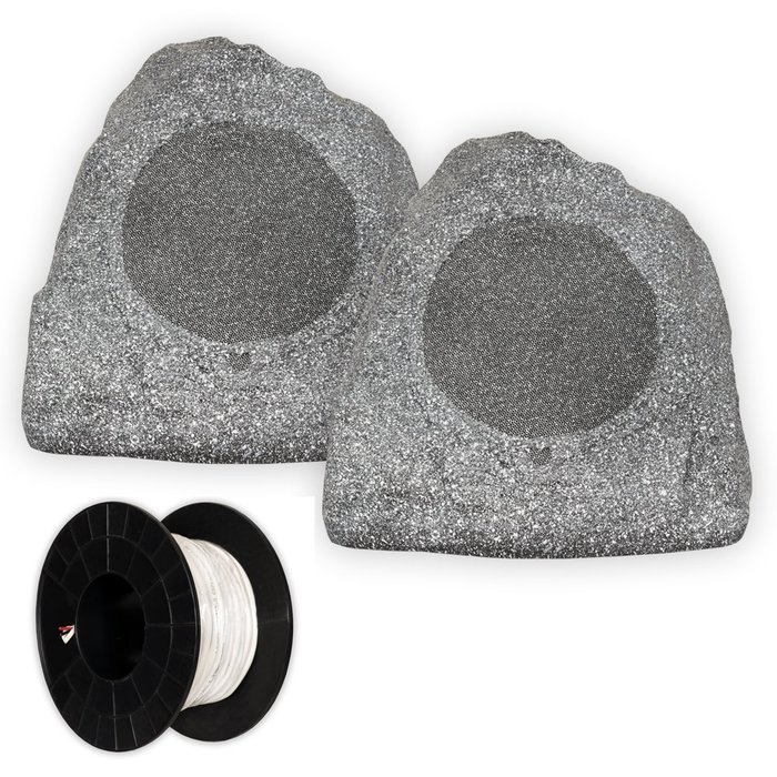Theater Solutions 2R8G Outdoor Granite 8" Rock 2 Speaker Set with Wire for Yard Pool Spa Garden