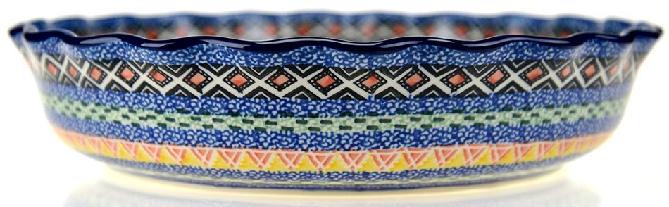 Ceramika Artystyczna Polish Hand Painted Deep Fluted Pie Pan 11" (Blue and Yellow Flowers) N6