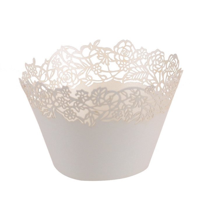 50pcs Filigree Vine Lace Cut Cupcake Wrapper Liner Baking Cup Case Trays Wedding Birthday - White, Rose N5