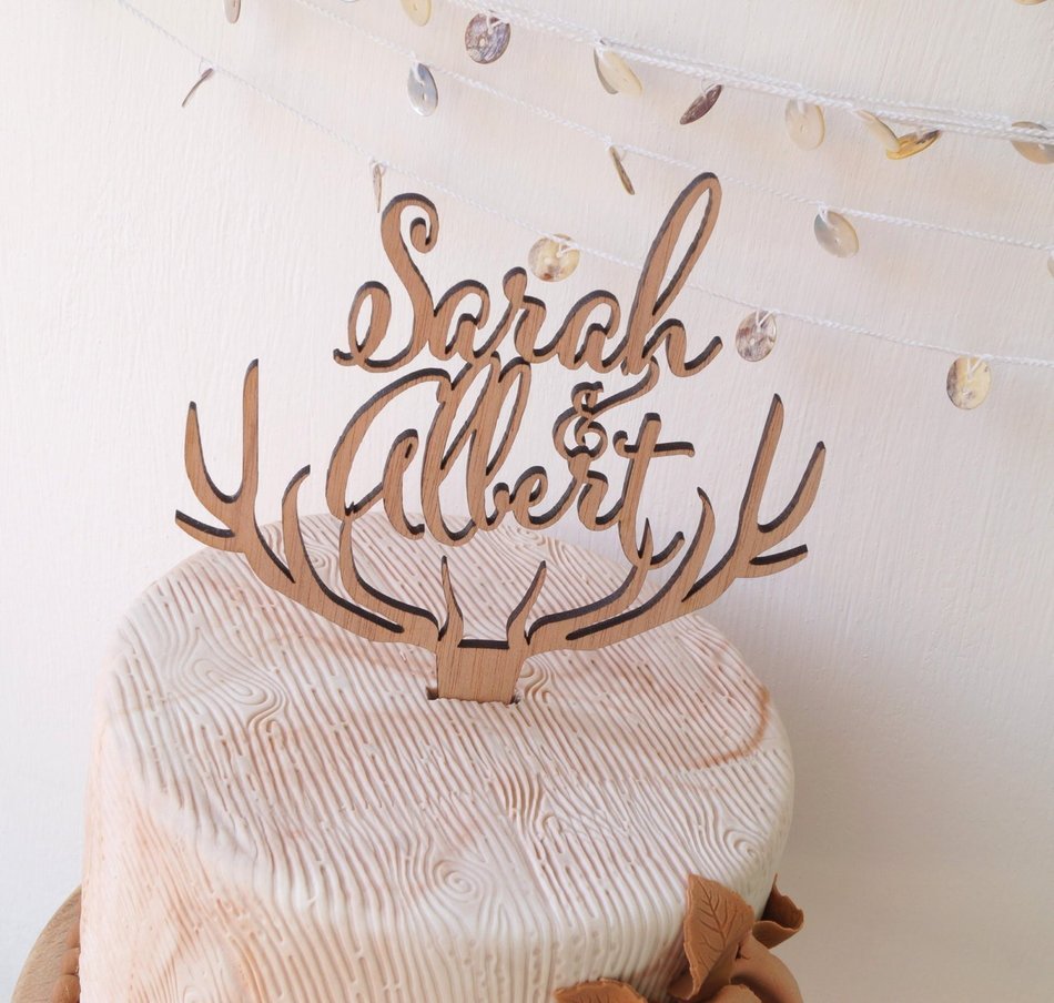 Wedding cake topper, personalized deer antler cake topper, rustic wedding cake topper, wooden antlers cake topper...