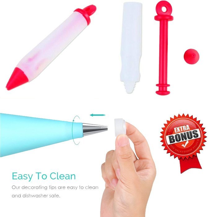 Cake Decorating Tips Kit Set with 24 Stainless Steel 2 Reusable Couplers 1 Pastry Bag and 1 Decorating Pen N7