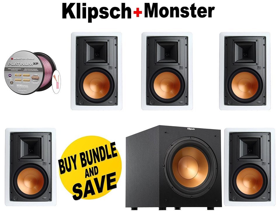 5 Klipsch R-3800-W II 8" In-Wall Speaker - Each (White) + Klipsch R-12SW Powerful 12" 400 watts Subwoofer + Monster...