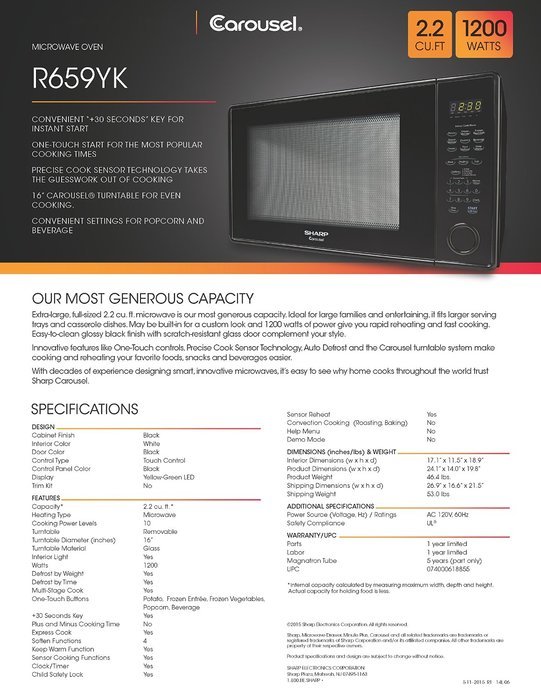 Sharp Countertop Microwave Oven ZR651ZS 2.2 cu. ft. 1200W Stainless Steel with Sensor Cooking N13
