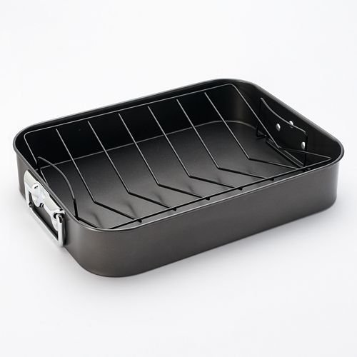 Basic Essentials Roaster With V-Rack - Non-stick Steel - 16 x 12x 3 Inch