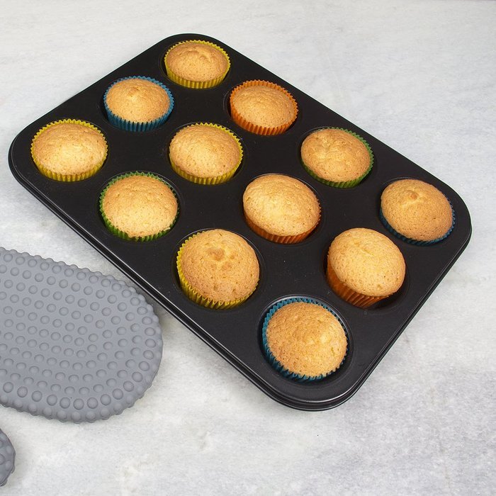 12 Cup Muffin Pan, Non-Stick Bakeware for Perfect Cupcake Results Made of Black Aluminum by Topenca N3