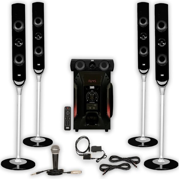 Acoustic Audio AAT1000 Tower 5.1 Speaker System with Optical Input Mic and 2 Extension Cables N2