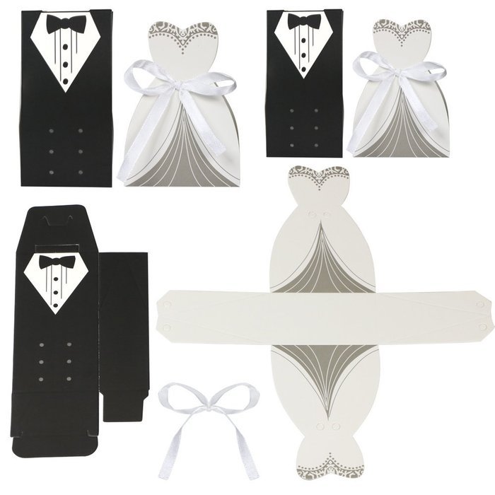 Gotobuy 100 PCS Wedding Favor Candy Boxes Bridal Groom Dress Tuxedo Party Ribbon Gift