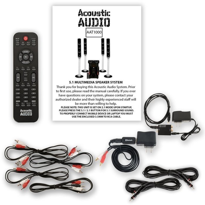 Acoustic Audio AAT1000 Tower 5.1 Speaker System with Bluetooth Optical Input and 2 Extension Cables