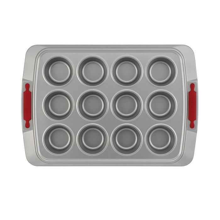 Cake Boss Deluxe Nonstick Bakeware 12-Cup Muffin Pan, Gray with Red Silicone Grips N7