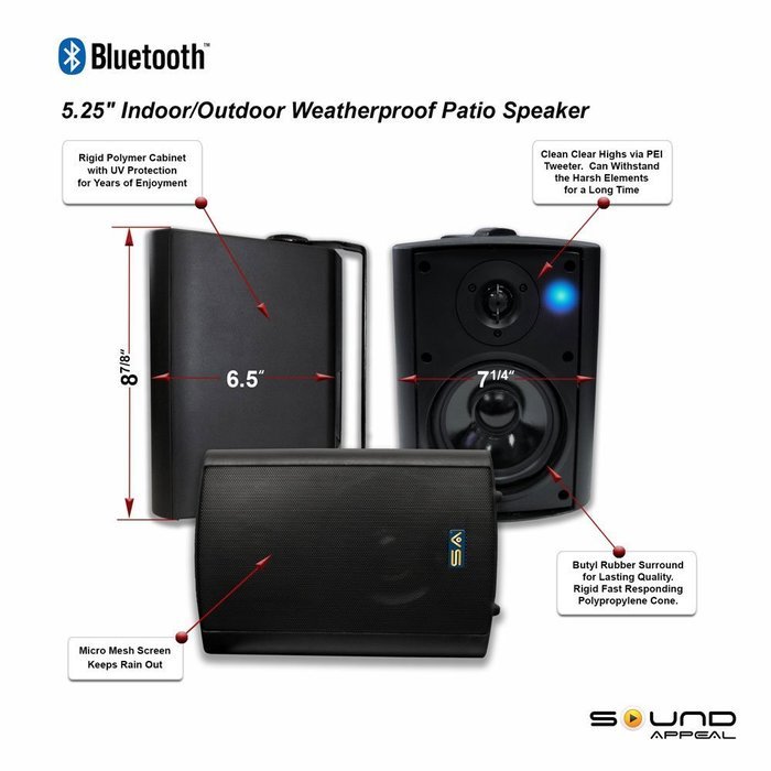 Bluetooth 5.25" Indoor/Outdoor Weatherproof Patio Speakers (Black- pair)- by Sound Appeal N4