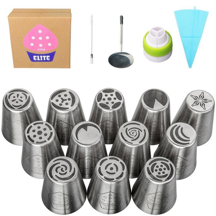 Russian Piping Tips & Icing Tips Complete Bundle | 18 Pcs/Set | 304 Stainless Deluxe Nozzles Buttercream Decorating... N9