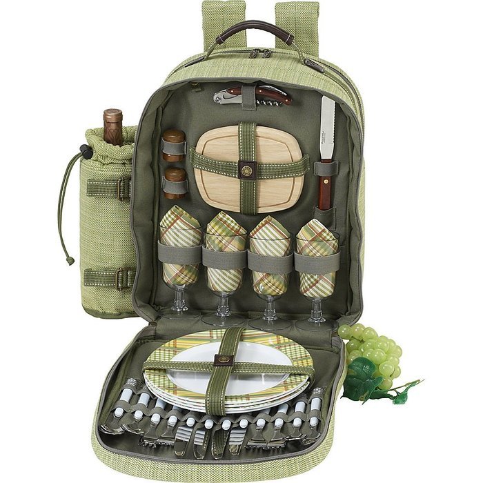 Picnic at Ascot - Deluxe Equipped 4 Person Picnic Backpack with Cooler & Insulated Wine Holder - Trellis Blue N6