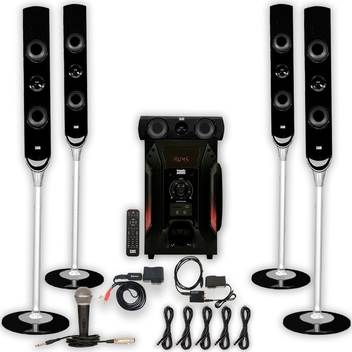 Acoustic Audio AAT1000 Tower 5.1 Speakers with Bluetooth Optical Input Mic and 5 Extension Cables N2