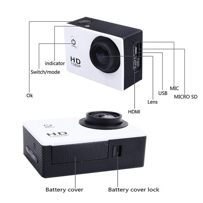 Mira-Tech Waterproof Action Camera 12MP 1080P HD with 2 Batteries and Free Accessories Kit(White) N8