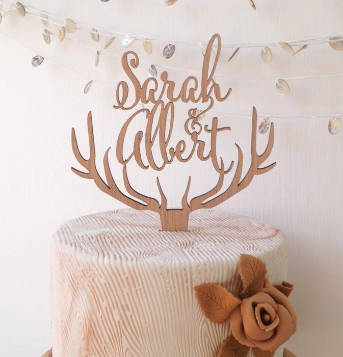 Wedding cake topper, personalized deer antler cake topper, rustic wedding cake topper, wooden antlers cake topper... N3