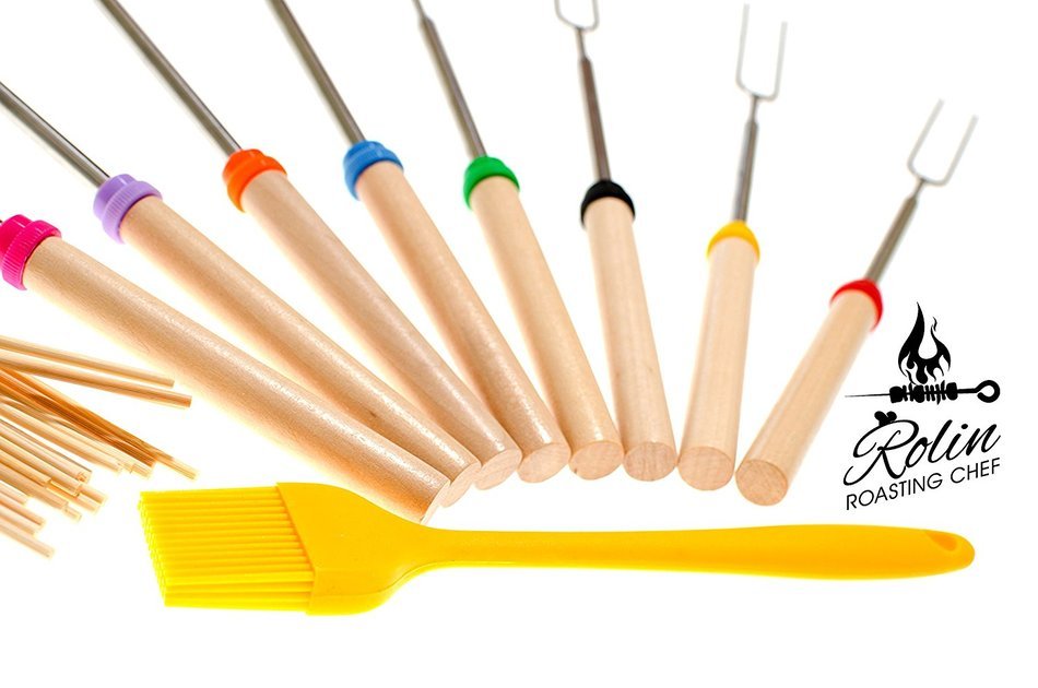 Premium Marshmallow Roasting Sticks set 8 Smores Skewers & 20 Bamboo Sticks & Patio fire Pit & Basting Brush &... N2