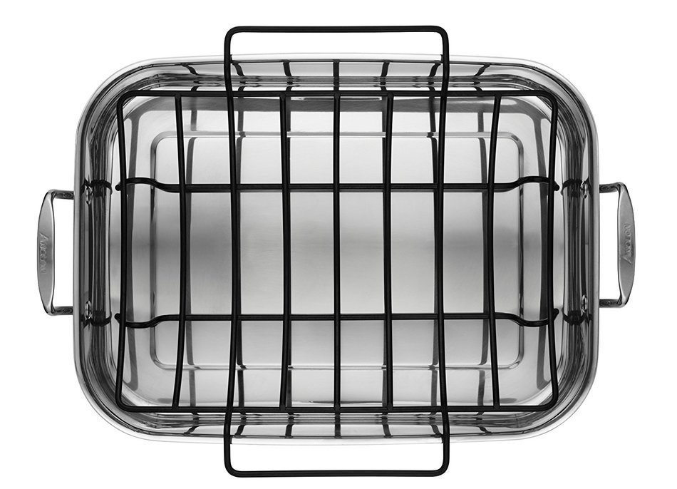 Anolon Tri-Ply Clad Stainless Steel 17-Inch by 12-1/2-Inch Large Rectangular Roaster with Nonstick Rack N3