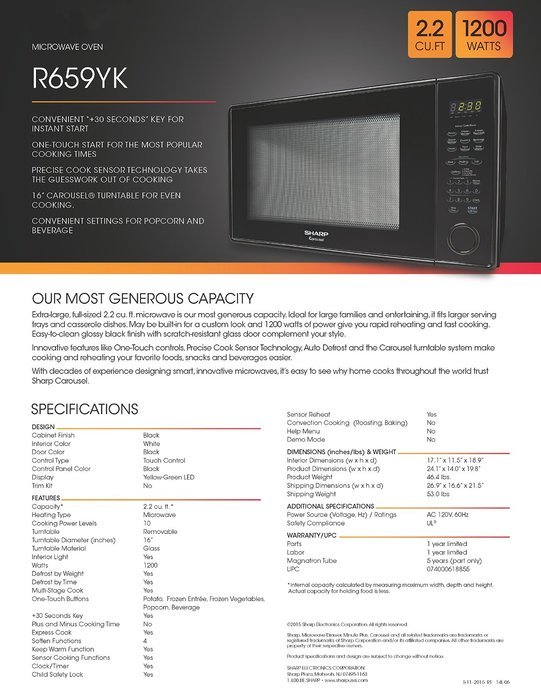 Sharp Countertop Microwave Oven ZR651ZS 2.2 cu. ft. 1200W Stainless Steel with Sensor Cooking N22