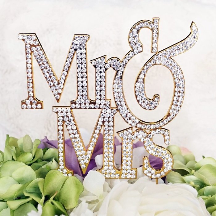 Mr & Mrs Gold-plated Monogram Silhouette Rhinestone Wedding Cake Topper Decoration with Crystals - Formal Font N3