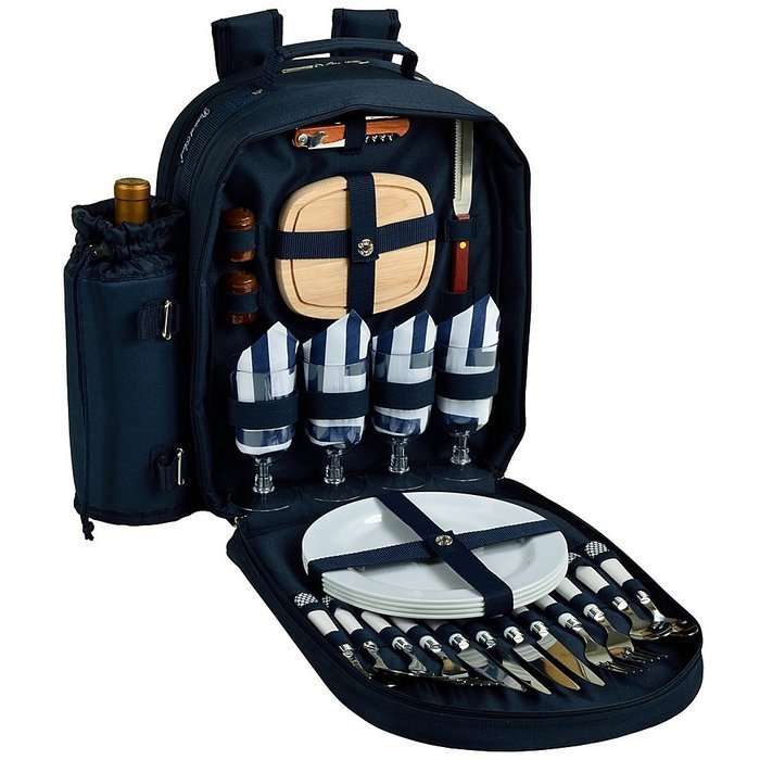 Picnic at Ascot - Deluxe Equipped 4 Person Picnic Backpack with Cooler & Insulated Wine Holder - Trellis Blue N7