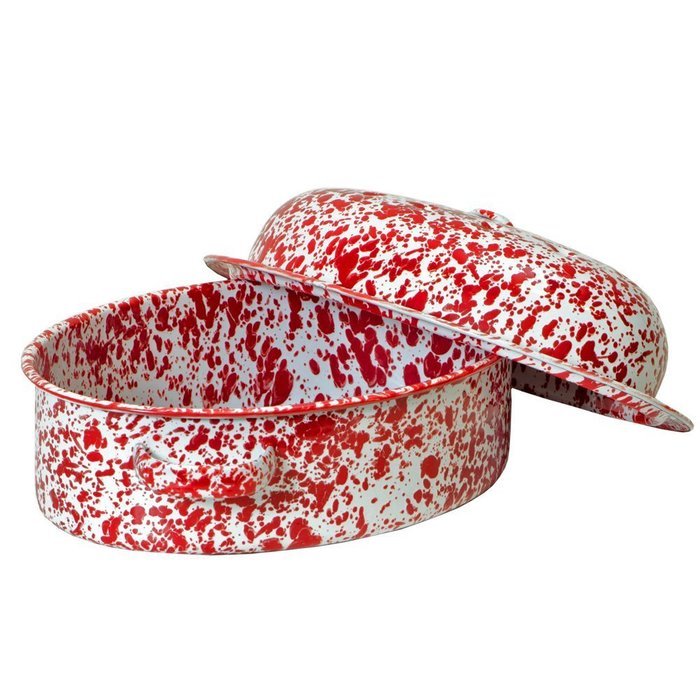 Enamelware Small Oval Roaster - Red Marble