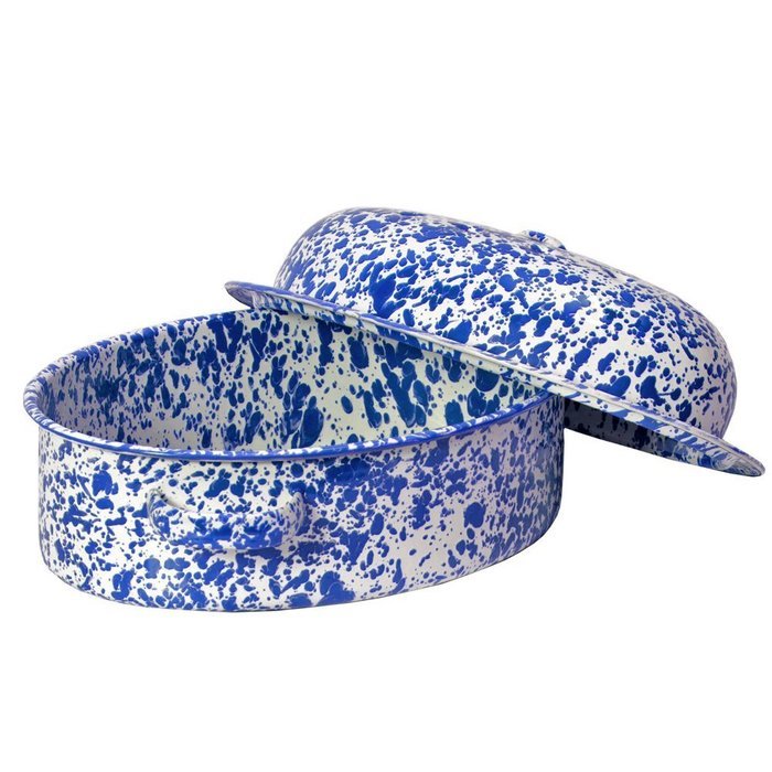 Enamelware Small Oval Roaster - Red Marble N2