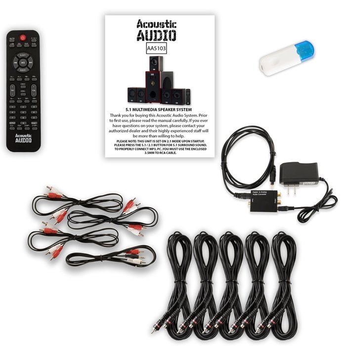 Acoustic Audio AA5103 Home 5.1 Speaker System with USB Bluetooth Optical Input and 5 Ext. Cables N2