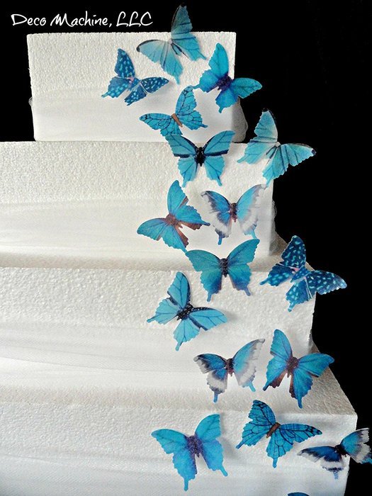 24 LIGHT TEAL TURQUOISE BLUE Assorted Decorative Wafer Paper Butterflies&copy; Set 1.75" Size Cake Decorations Cupcake... N3