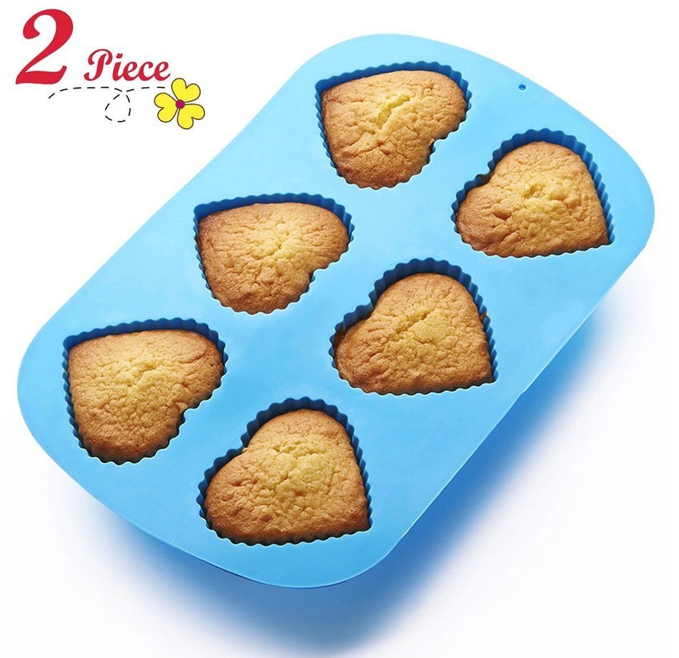 Chefaith 2 Pcs 6-Cup Silicone Muffin / Cupcake Baking Pan [Heart-Shaped Baking Cups] - Non-Stick, Heat Resistant... N6