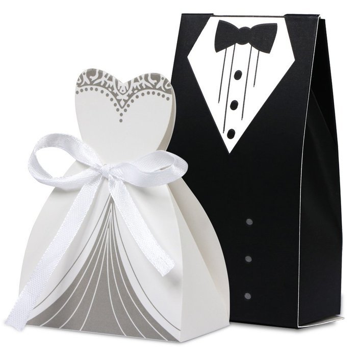 Gotobuy 100 PCS Wedding Favor Candy Boxes Bridal Groom Dress Tuxedo Party Ribbon Gift N2
