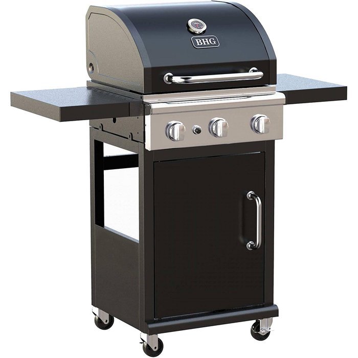 3-burner Outdoor BBQ Gas Grill With Foldable Side Panels and Swivel Casters, Black