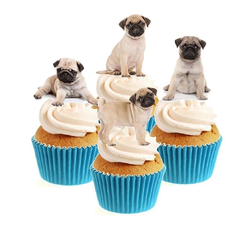 Novelty Cute Pug Puppy Mix 12 Edible Stand Up wafer paper cake toppers birthday (5 - 10 BUSINESS DAYS DELIVERY...
