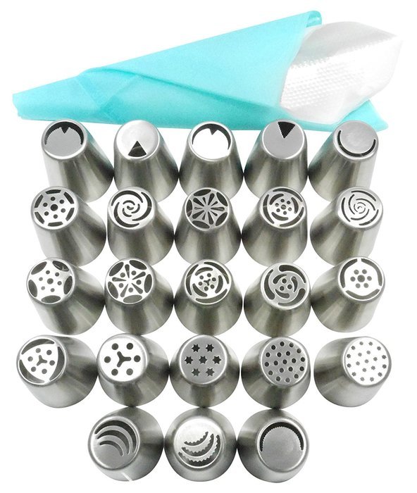 Pridebit Russian Piping Tips Cake/Cupcake Decorating Tips 23 Extra Large Stainless Steel Icing Nozzles 1 Silicone... N2