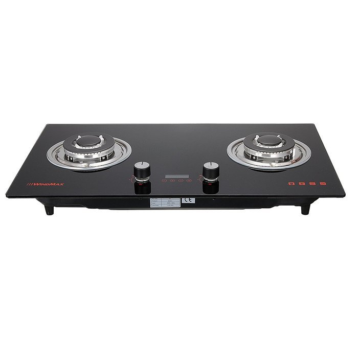 Windmax 30" Black Tempered Glass 2 Burners Built-in Fixed NG / LPG Gas Cooktops with Time Set Function N4