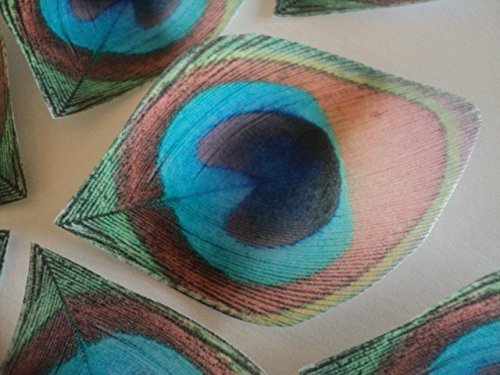 12 Edible Peacock Feathers Pre-cut 2.5" Edible Feathers Decor Eyes Teal Blue Green - Perfect for Wedding Cakes... N3