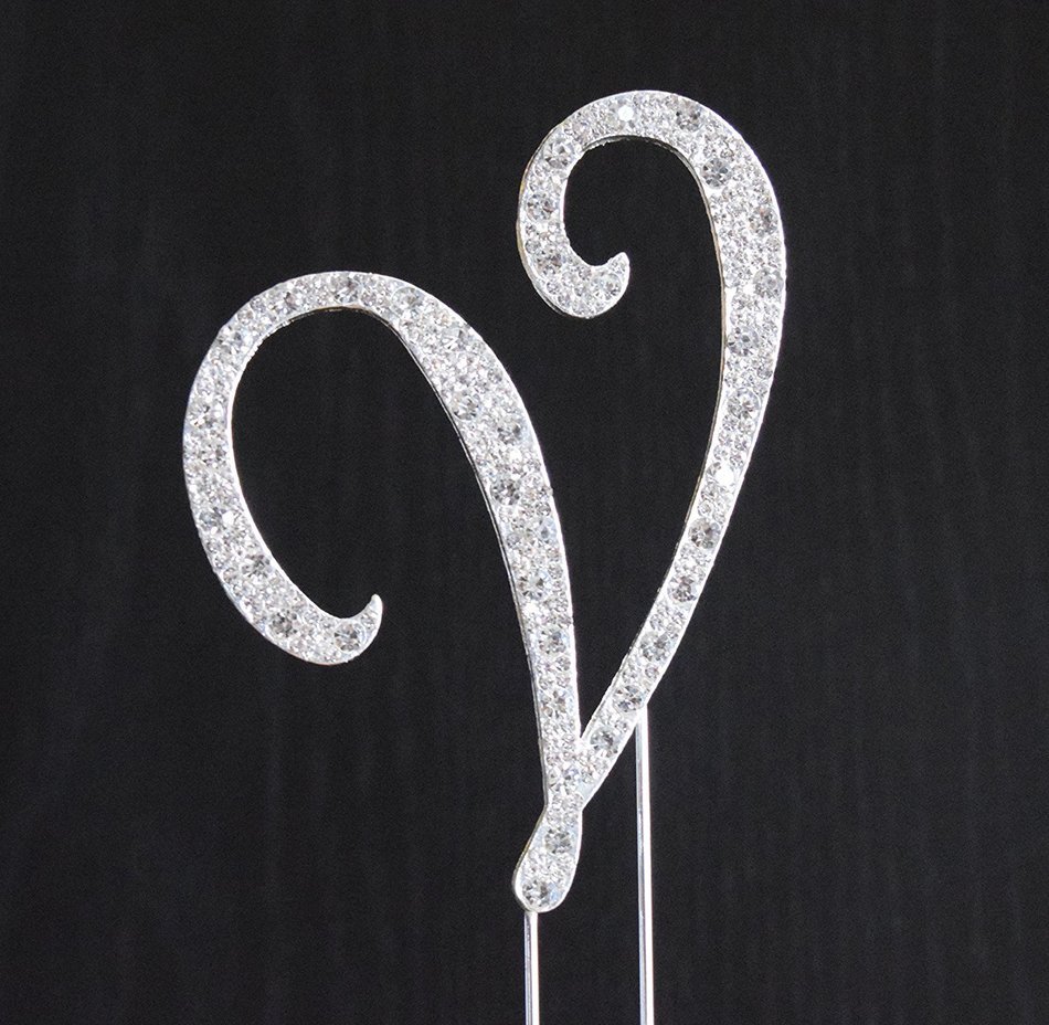 New Style Rhinestone Wedding Cake Topper Letter V 4.25x3.5