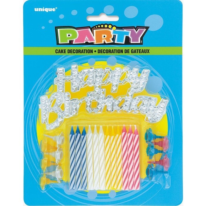 Birthday Candles with Holders & Happy Birthday Cake Decoration, 25pc N2