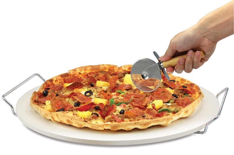 15 Inch Pizza Cooking Stone Make Your Own Pizza with Wire Serving Rack and Pizza Cutter