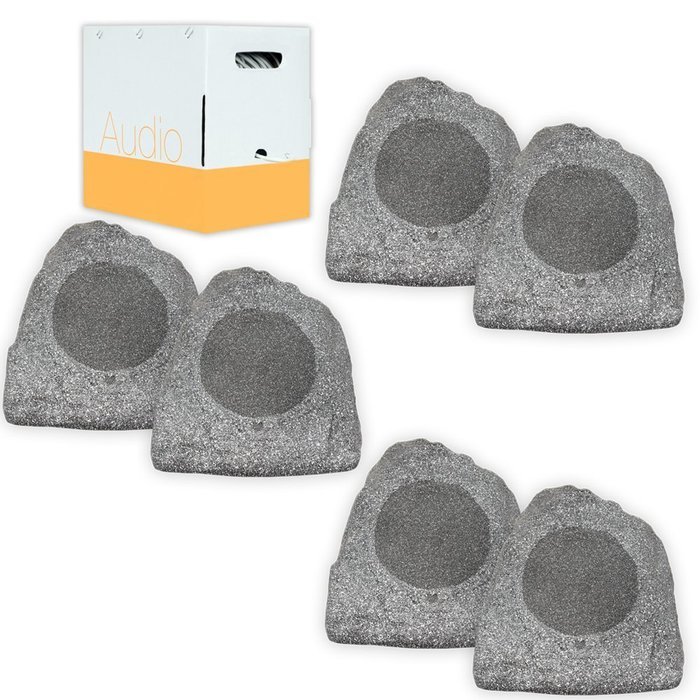 Theater Solutions 6R8G Outdoor Granite 8" Rock 6 Speaker Set with Wire for Yard Pool Spa Patio Garden