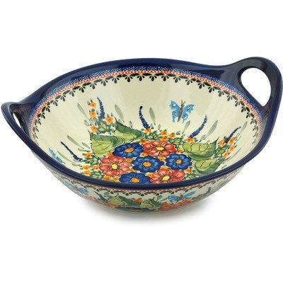 Polish Pottery Bowl with Handles 12-inch Spring Splendor UNIKAT