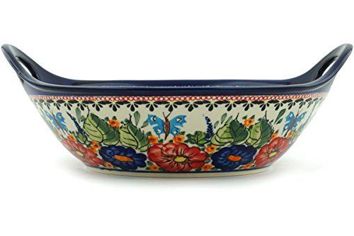 Polish Pottery Bowl with Handles 12-inch Spring Splendor UNIKAT N2