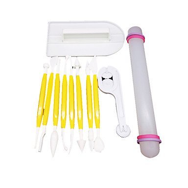 Sher 4 Kinds/11PCS Fondant Cakes Embossing Tool Kit Rolling Pin/ Screeding Unit/Biscuits Round Knife/Carved Pen N2