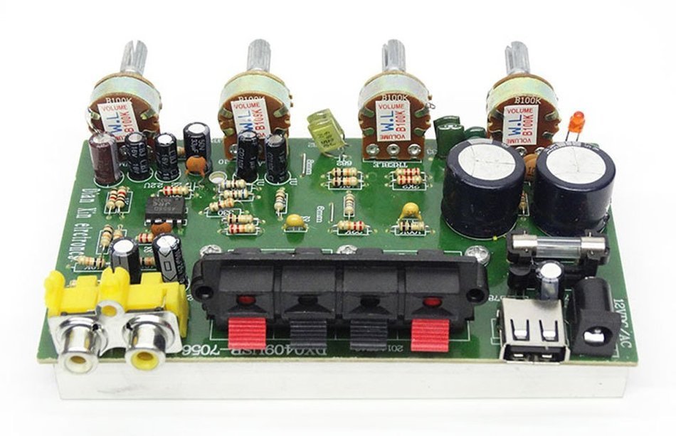 Qianson 12V Car Hifi Stereo Amplifier Board Treble Bass Volume Tone Module 25W x2 with USB Charging N5