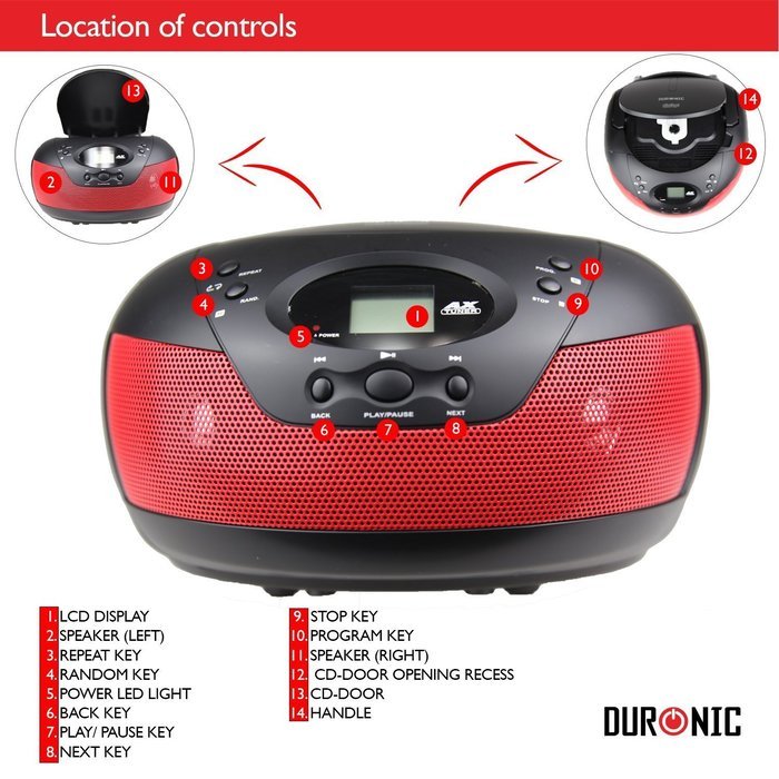 Duronic RCD008/RD Portable Compact Boombox CD Player with FM Radio -Red N4